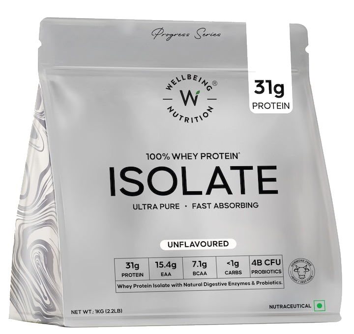 Wellbeing Nutrition whey protein isolate unflavoured pouch from the live brand product page